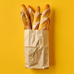 French baguette bread in a craft paper bag on a yellow background