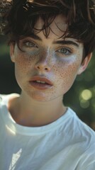 Portrait of a woman with freckles, round eyes and short tousled hair, taken on the street, wearing a white T-shirt