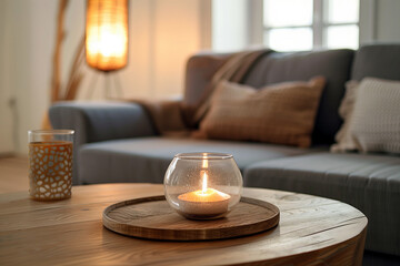 Obraz na płótnie Canvas Close up of round glass jar with burning candle on rustic wooden coffee table. Lamp on side table near grey sofa. Minimalist loft home interior design of modern living room.