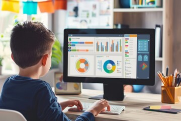 A young boy sits at a desk, focused on using a computer for learning and activities, A personalized learning dashboard tracking progress and achievements