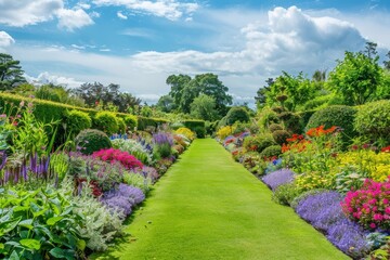 A lush green field brimming with colorful flowers in full bloom, creating a vibrant and lively scene, A perfectly manicured garden with rows of colorful plants