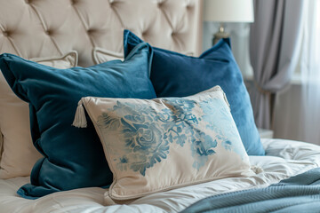 Blue pillows on bed. French country interior design of modern bedroom.