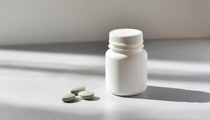 Mock-up of blank supplement bottle. Small white plastic bottle with medicine or vitamins