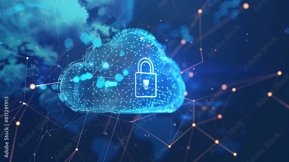 Aufkleber Cloud with a padlock icon surrounded by digital technology data connection on dark blue background.