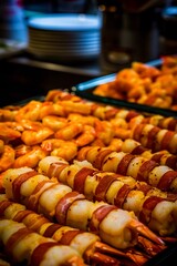 Seafood skewers on a plate ready to be served.