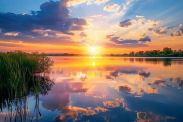 Fototapeta premium The sun is setting in the sky, casting a warm glow over the water, as clouds drift by, A picturesque sunset over a calm lake