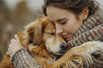 A young woman hugs her dog with love and tenderness, their faces are close to each other and their eyes radiate joy from this touching moment.