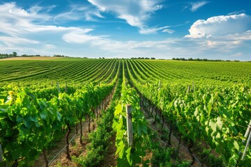 A large field of green plants stretches under a clear blue sky, A picturesque vineyard, with rows...