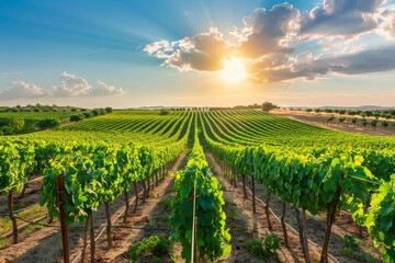 Bright sun illuminates rows of grapevines in a vast vineyard, A picturesque vineyard, with rows of...