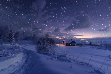 Snow blankets a field with a house in the distance under a starry sky in a winter landscape, A picturesque winter landscape with a starry sky and shimmering snowflakes falling gently - Powered by Adobe