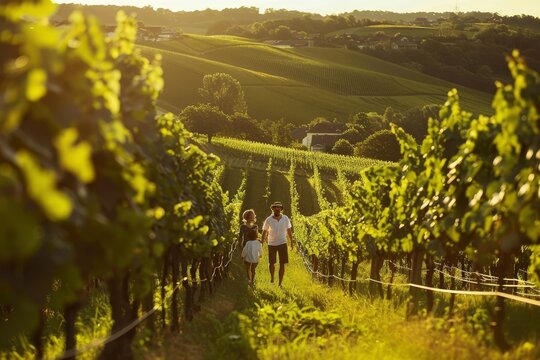 A couple strolling through a vineyard during the golden hour of sunset, A picturesque vineyard with a family tasting wine and taking a leisurely stroll through the rows of grapevines