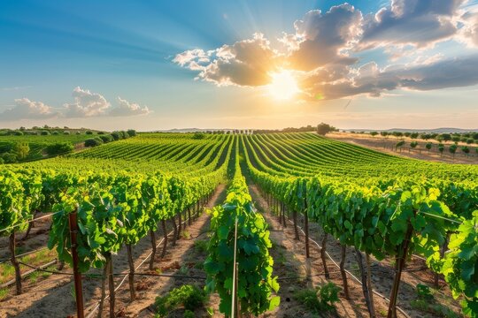 Bright sun illuminates rows of grapevines in a vast vineyard, A picturesque vineyard, with rows of grapevines stretching towards the horizon under the summer sun