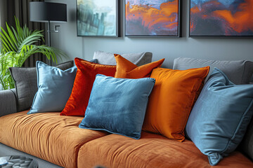 Bright and beautiful pillows lie on the sofa for a cozy rest.