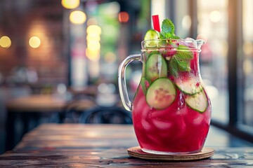 A pitcher filled with a refreshing drink made from watermelon and cucumber, A pitcher of refreshing aguas frescas in flavors like hibiscus and cucumber - Powered by Adobe