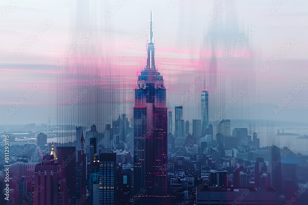 Sticker a city with buildings and streets under a pink sky, a pixelated version of the empire state building