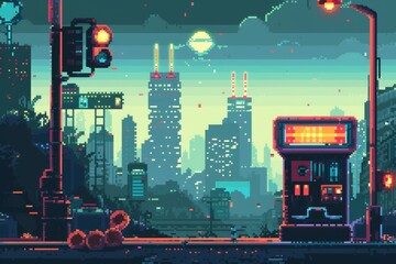 Pixel art depiction of a city at night with illuminated buildings, streets, and vehicles, A...