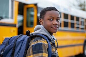School Bus African American teenage boy Student After Getting Off Of Bus.