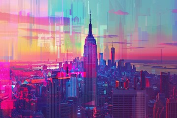 Cityscape showing a cluster of towering skyscrapers in a busy metropolitan area, A pixelated version of the Empire State Building with a glitchy effect