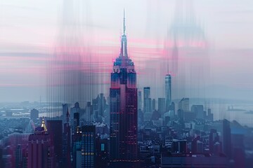 A city with buildings and streets under a pink sky, A pixelated version of the Empire State...