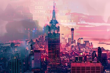 A city skyline filled with tall buildings and skyscrapers, A pixelated version of the Empire State Building with a glitchy effect