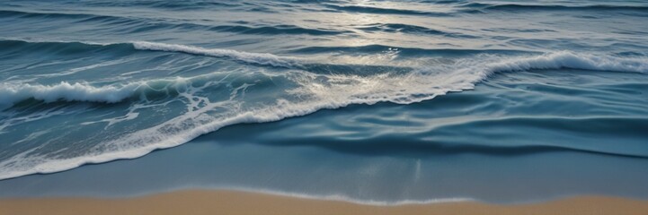 Fototapeta premium Blue with silver creative abstract ocean background banner for copy space text . Horizontal waves with white sea foam marble texture and sand beach. Water panorama fluid Vita paper collage