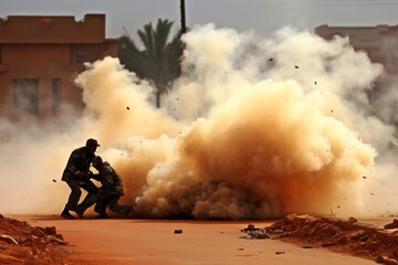 Obraz premium People in the war zone. Two people next to exploding ammunition on the street.