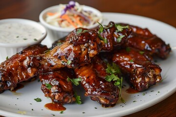 Fototapeta premium A white plate holds sticky sweet honey glazed chicken wings covered in sauce, A plate of sticky, sweet honey glazed chicken wings served with a side of ranch dressing
