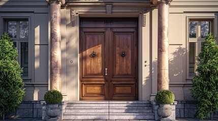 Fototapeta na wymiar classic double front entrance wooden doors realistic