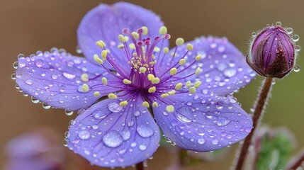   Close-up of a purple flower with water droplets on it and a green stem in the foreground