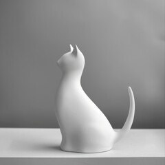 Stone statue of a white cat on a gray background.
