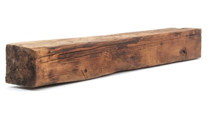 A rough wooden plank placed on a plain white surface.