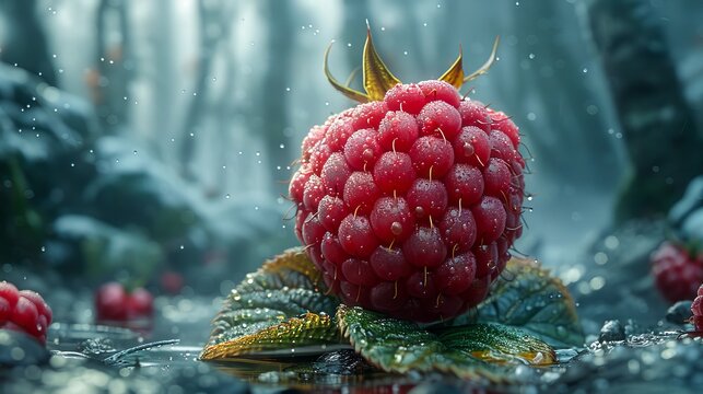 A raspberry is sitting in the water with drops of water.