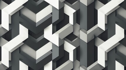 Monochrome abstract image of a 3D geometric pattern with interlocking cubes in shades of gray.