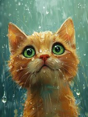 A cute orange kitten with green eyes and an unhappy expression on a blue-green background under raindrops.