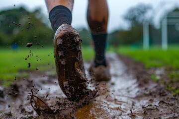 A man running through a muddy field, splashing dirt with each step, A player practicing kicks on a muddy field