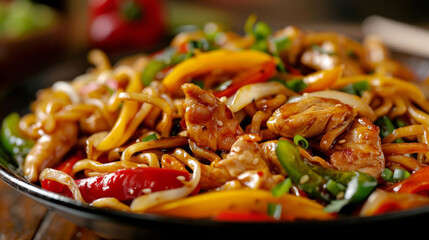 Mouthwatering mongolian stir-fry with mixed vegetables, tender slices of meat, and flavorsome noodles, served in a rustic wok