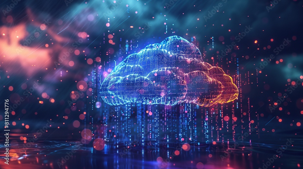 Poster Digital data cloud concept with glowing polygonal mesh and rain of binary code. Abstract technology background.