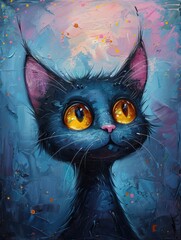 A black cat with big yellow eyes against a blue-pink wall.