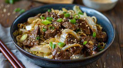 Savory mongolian beef stir-fry with tender meat, noodles, and veggies, topped with green onions and sesame seeds