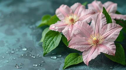   A cluster of pink blossoms resting atop a blue background featuring water-drenched leaf tips below