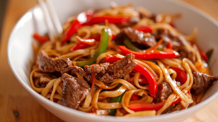 Close-up of traditional mongolian beef stir-fry with bell peppers, onions, and thick noodles served in a white bowl