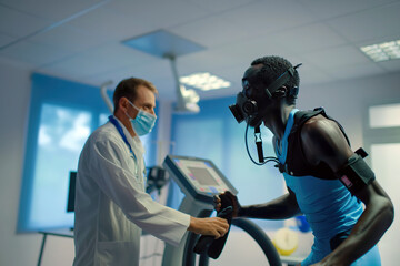 VO2max test on treadmill in research facility.