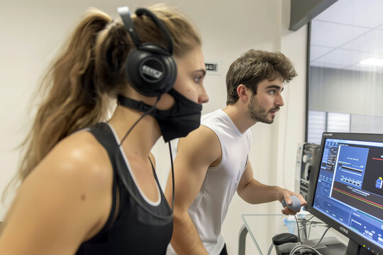 VO2max test on a treadmill, with a doctor monitoring the athlete