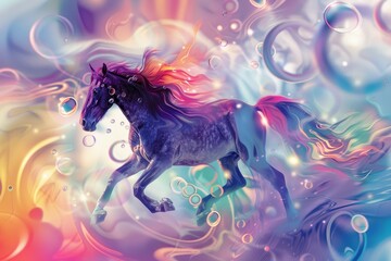 A painting of a lively horse dashing through a cascade of colorful bubbles, A playful horse surrounded by a swirl of rainbow-colored bubbles