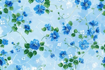 Blue and green flowers create a playful pattern on a light blue backdrop, A playful interpretation of a blue floral pattern on a light blue background with hints of green and white