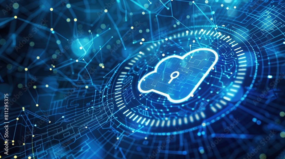 Poster The cloud with a padlock icon the security system lock on a virtual screen on dark blue background.