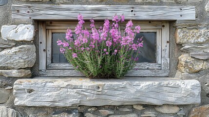 Fototapeta premium Purple flowers bloom from a window sill, framed by stone wall and wooden window frame