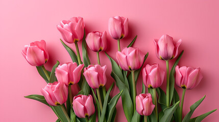 Fototapeta premium Flowers pink composition. Flowers pink tulips on pastel pink background. Wedding. Birthday. Happy womens day. Mothers Day. Valentine's Day. Flat lay, top view, copy space 