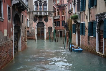 A narrow street in Venice is flooded with water due to aqua alta, causing inconvenience and disruption to daily life.