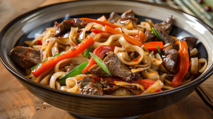 Savory mongolian beef stir-fry with vegetables and noodles served in a traditional bowl on a rustic wooden table